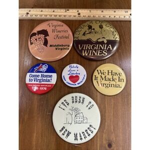 6 Virginia Button Pins Wineries Festival Litterbug Nation's Birthplace VA Wines‎
